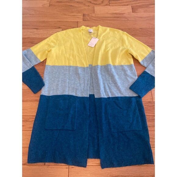 NWT A New Day, women’s yellow/blue color blocked long open cardigan size small - Picture 1 of 9
